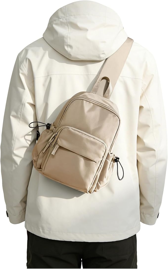 SEAFEW Khaki Small Sling Bag for Men Women, Mini Anti Theft One Strap Motorcycle Backpack, Sling Chest Bag Fanny Back Pack for Casual Travel Hiking Sport Gym