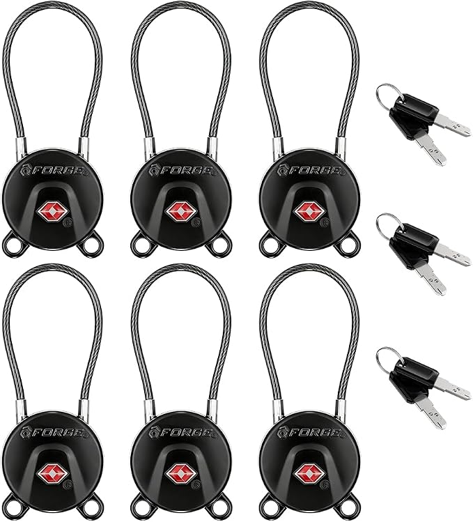 Forge TSA Approved Luggage Locks Ultra-Secure Dimple Key Cable Locks for Travel with Zinc Alloy Body- 6 Black Locks