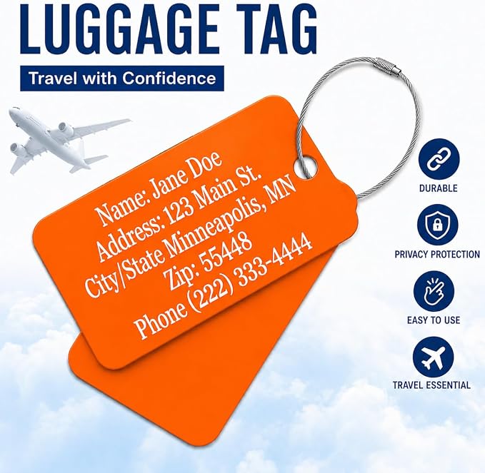 Personalized Acrylic Luggage Tags Set – Custom Engraved Name & Address ID Tags for Suitcases, Carry-On Bags & Backpacks – Bright High Visibility Heavy Duty Travel Bag Tags with Wire Ring Loops (2)