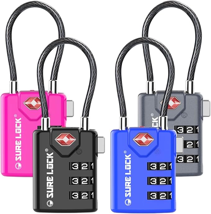 SURE LOCK TSA Approved Luggage Locks with Open Alert Indicator, 3 Digit Combination Cable Travel Lock for Suitcase, Backpack, Gym Locker, Toolbox & Travel Bag（ Four Colour）