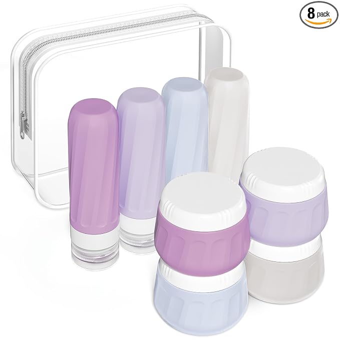 Mrsdry Travel Size Toiletries 8 Pack, TSA Approved 3oz Silicone Squeeze Bottles & Cream Jars with Clear Travel Bag