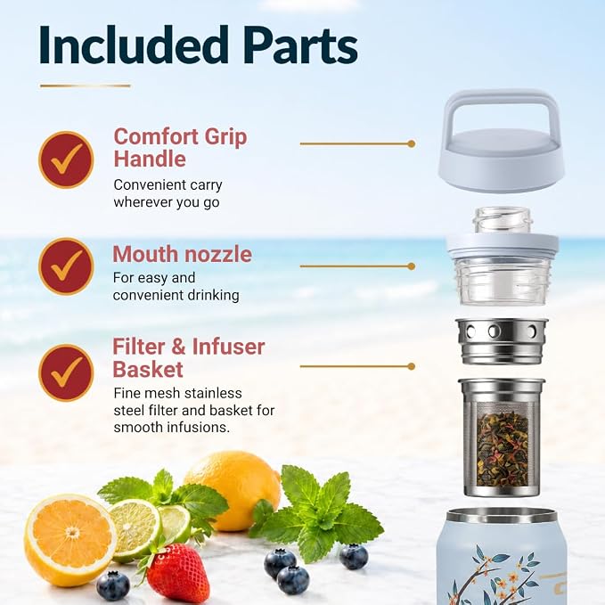 Farasi Tea Infuser Bottle for Loose Leaf Tea Insulated Stainless Steel Water Bottle Tumbler - Portable Coffee, Fruit, Loose Leaf Infuser Mug- Leakproof Blue Floral 24 oz