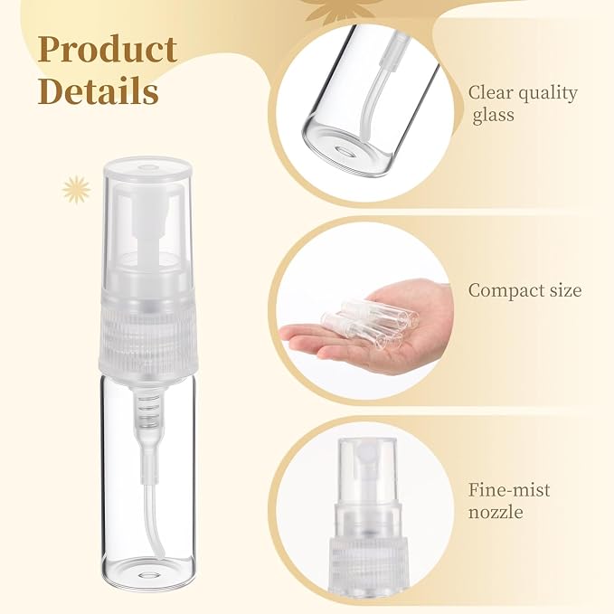 200 Pcs Mini Glass Spray Bottles, 3 ml Clear Perfume Sample Containers for Fragrance and Essential Oils, Travel Size Sprayers with Leak Proof Design, Small Vials for Facial Mists and Liquids