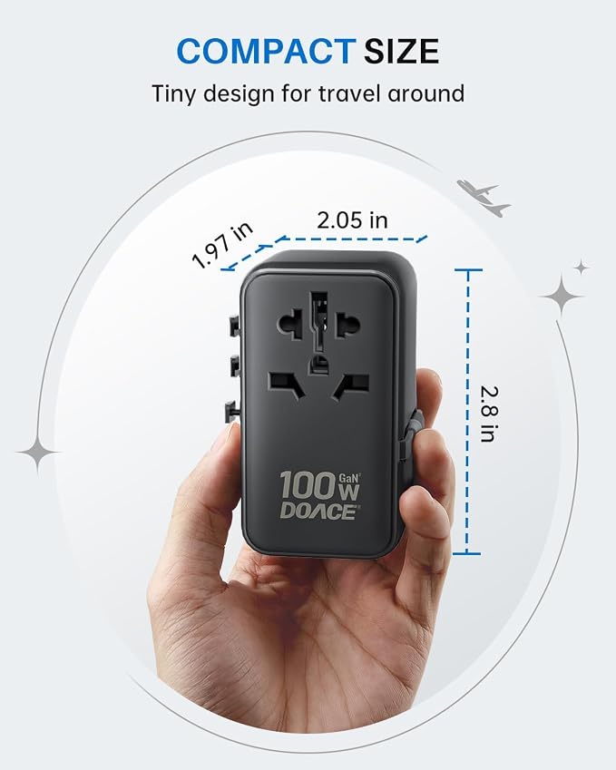 DOACE 100W GaN Universal Travel Adapter, 6-in-1 International Power Adapter, European Travel Plug with Built-in USB-C Cable, Fast Charging, Worldwide for EU UK US AUS, Travel Essentials (Black)