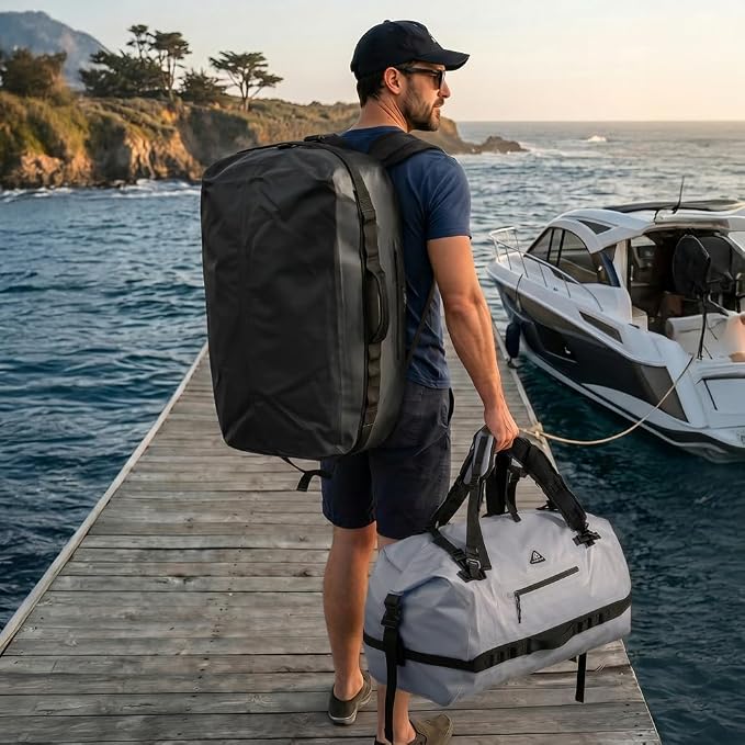 Haimont IPX7 Waterproof Roll-Top Dry Duffel Backpack | 60L/90L Sizes, 500D Tarpaulin, Welded Seams, Mesh Pockets, Boating & Kayaking