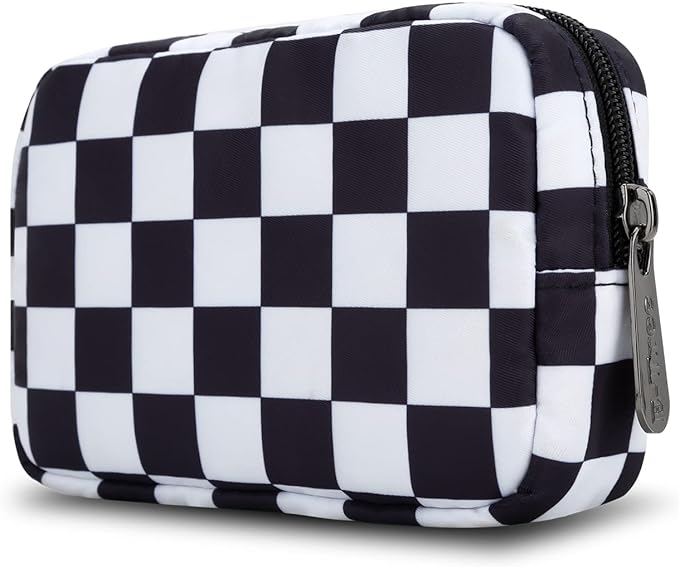 E-Tree Cute Small Makeup Bag, Cosmetic Toiletry Skin Care Make up Little Items Pouch for Purse,Zipper Mini Tech Charger Cable Electronic Organizer Case,Travel Accessories for Women Men Teen,Checkered