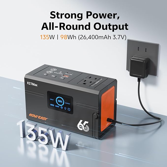 HOWEASY Portable Power Station 135W（270W Peak), Backup Lithium Battery with 110V AC Outlets,98Wh(26400mAh) Solar Generator for Camping,for Outdoor Camping Emergency(Solar Panel Not Included)