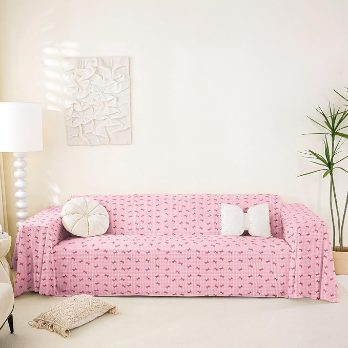 Girls Bow Couch Cushion Covers for Large Dogs Pink Buffalo Plaid Couch Covers Cute Ribbon Bowknot Sofa Cover,Kawaii Grid Lattice Bow Tie Cushion Sofa Furniture Protector for Pets,91" x 150"