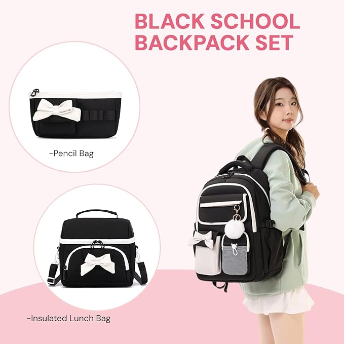 Girls School Backpack with Lunch Box Pencil Case Set, Cute Middle School Bag Teen Girls Backpack Bookbag for Kids, 3pcs Black