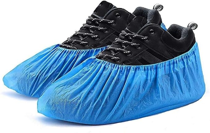 EZGOODZ Disposable Shoe Covers for Indoors and Outdoors 16" x 6.5", Pack of 100 Blue Splash-Proof Shoe Booties Disposable with Elastic Ankles, 50 gsm Polypropylene Disposable Booties to Cover Shoes