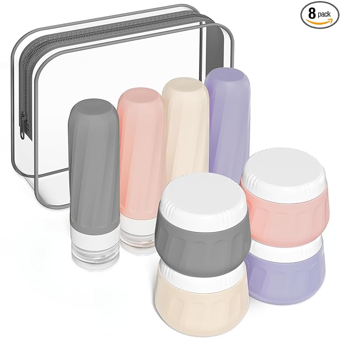 Mrsdry Travel Size Toiletries 8 Pack, TSA Approved 3oz Silicone Squeeze Bottles & Cream Jars with Clear Travel Bag