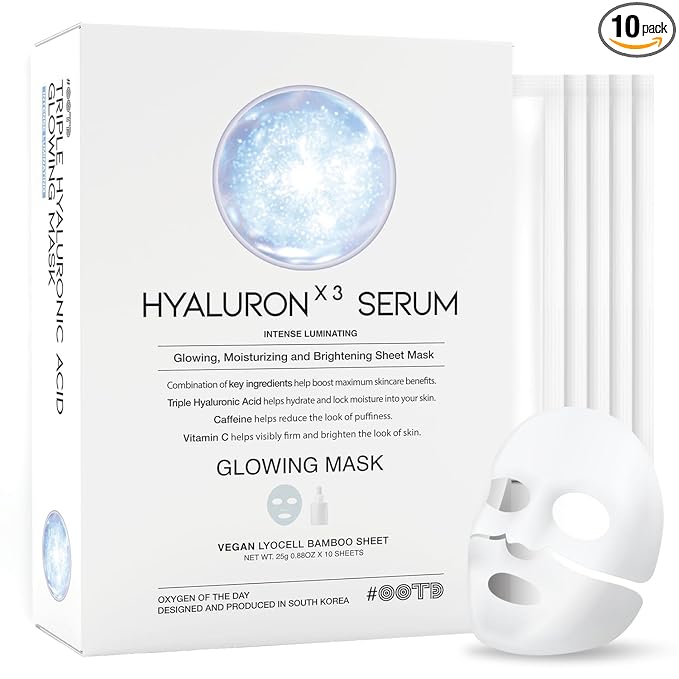#OOTD Triple Hyaluron Hydrating Mask for Dry and Sensitive Skin, Anti Aging, Tightening and Moisturizing, Korean Vegan Beauty, Hyaluronic Acid, Caffeine, Vitamin C 10EA