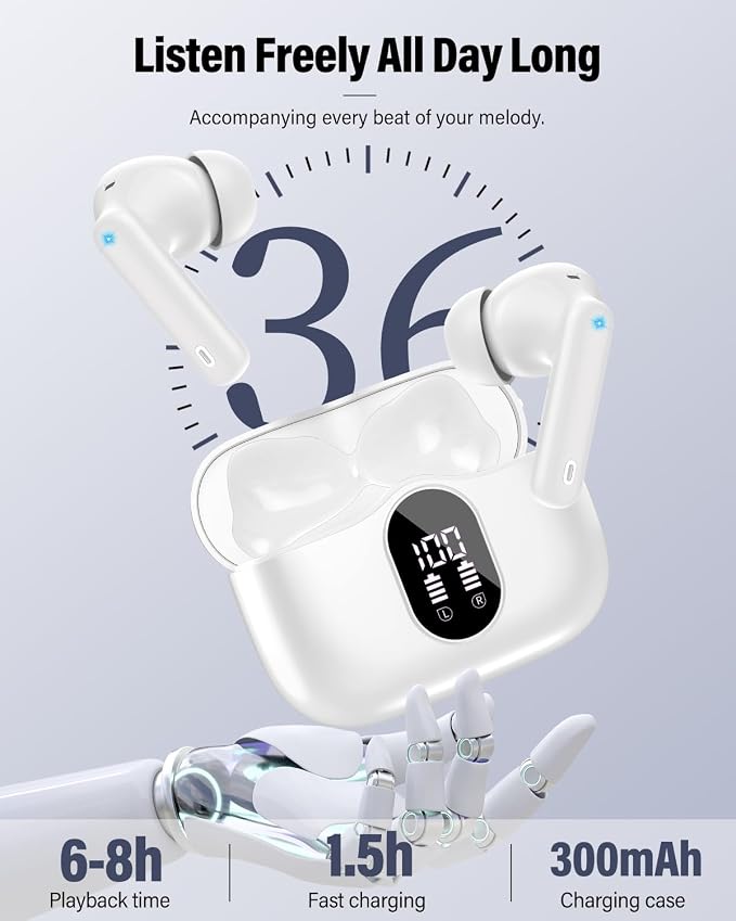Wireless Earbuds, Bluetooth 5.4 Headphones Bass Stereo, Ear Buds with Noise Cancelling Mic, LED Display in Ear Earphones Clear Calls, IP7 Waterproof Bluetooth Earbuds for Phones/Sports/Laptop, White