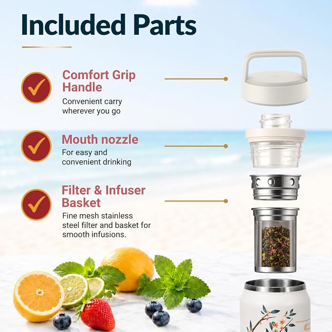 Farasi Tea Infuser Bottle for Loose Leaf Tea Insulated Stainless Steel Water Bottle Tumbler - Coffee, Fruit, Portable Infuser Bottle - Leakproof Built In Handle White Floral 24 oz