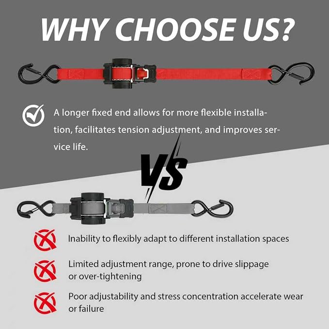 Retractable Ratchet Straps 1" x 13Ft, Heavy Duty Self Retracting Tie Down Straps, 1800lb Break Strength Auto Retract Cargo Straps for Truck, Trailer, Motorcycle, ATV, UTV, (Red, 2 Pack)