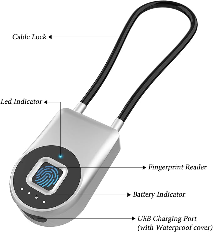 Fingerprint Gate Lock, 3.6'' Long Cable Fingerprint Lock, Smart Keyless Biometric Waterproof Outdoor Bluetooth Cord Gate Lock for Outdoor Fence Gym Locker Helmet Case