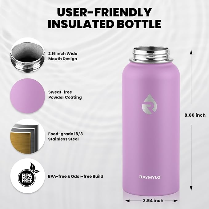 RAYMYLO Insulated Water Bottle 32 oz, Triple Wall Vacuum Stainless Steel (Cold for 24Hrs, Hot for 12Hrs), Leak Proof & Non-BPA, Modern Water Flask Jug with Paracord Handle & Straw Spout Lids