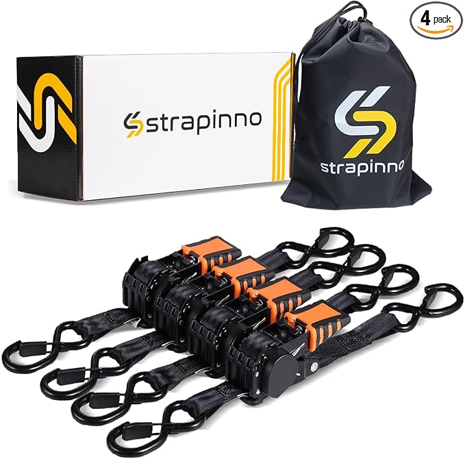 Strapinno 4pcs Retractable Ratchet Straps Bundle 1 in x 6 ft, Secure Tie-Downs with Rubber-Coated Steel Handles, S-Hooks & Durable Hardware for Daily Use with Breaking Strength - 1,500LBS/680KG Each