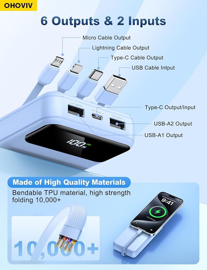 OHOVIV Portable Charger Power Bank 50000mAh Battery Pack, 22.5W Fast Charging PowerBank with Built in Cables,Travel Essential USB-C Portable Phone Charger for iPhone Samsung Pixel Android iPad-Blue