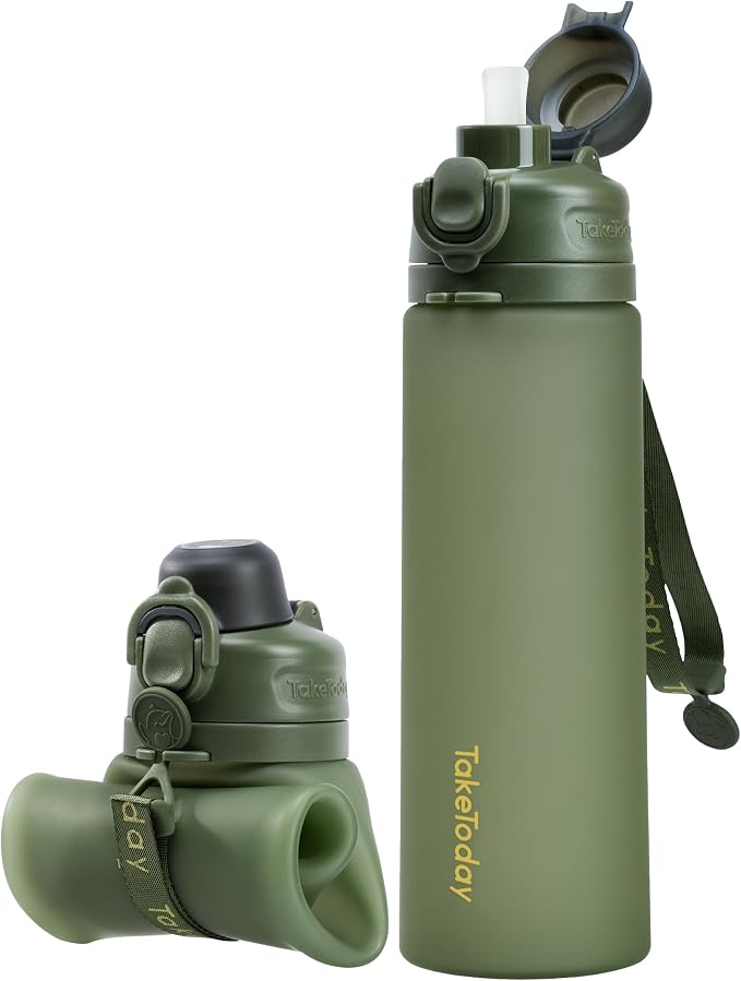 TakeToday Collapsible Water Bottles 32oz Black and Jungle 20oz, Foldable Travel Water Bottle with Strap, BPA Free, Silicone Water Bottle Leakproof for Hiking, International Travel, Outdoors