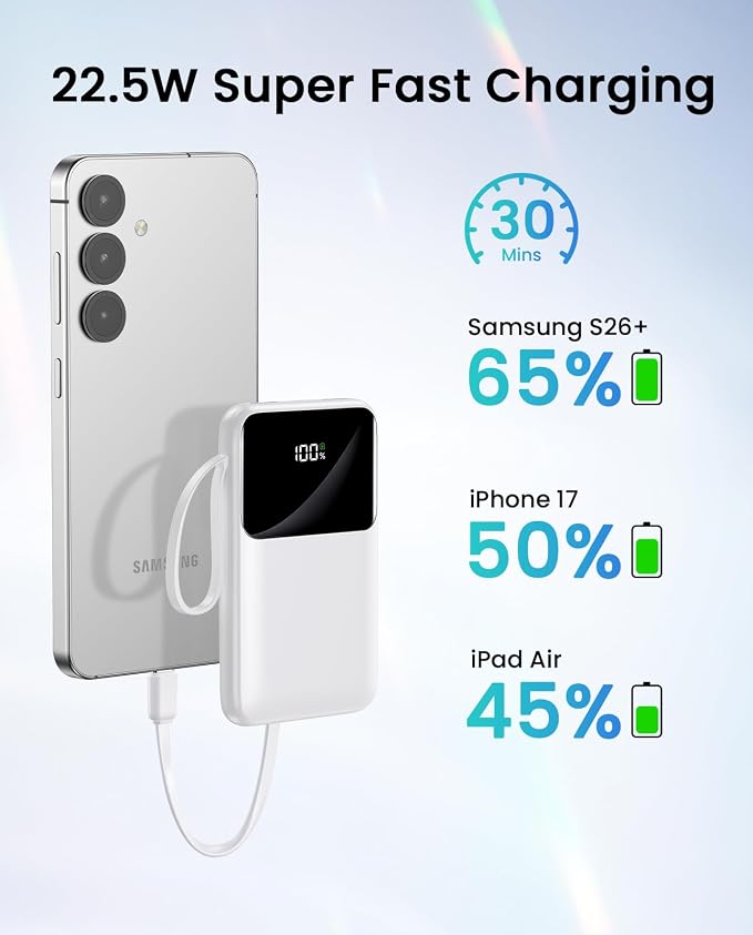 HELLEE Power Bank, 15000mAh Portable Charger with Built in Cable, 22.5W Fast Charging, 6 Outputs, Slim Travel Essential Battery Pack with LED Display, Compatible with iPhone 17/16/15/14/13, iPad White