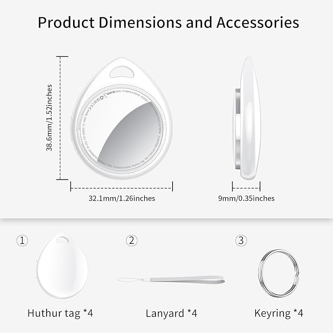 Air Tracker Tags-4 Pack, 5.3 Bluetooth Tracker Work with Apple Find My (iOS Only), 100dB Sound, Smart Tag with Keychain/Lanyard, Item Finder for Luggage/Key/Suitcase, Replaceable Battery, White