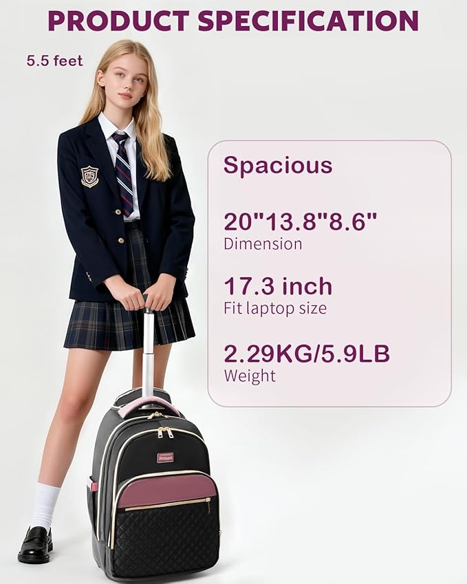 Arcoyard Rolling Backpack for Women, 17 Inch Laptop Backpack With Wheels for Adults, Large Water Resistant Wheeled Carry On Luggage Roller Bag, Flight Approved for Work, Travel, College, Black Purple