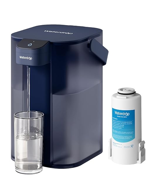 Waterdrop ED61B Water Filter Dispenser, 200-Gallon Rechargeable Water Pitcher, Instant 15-Cup Countertop System, 10X Filtration Efficiency, Reduce 98% Chlorine and 20+ Contaminants, Blue