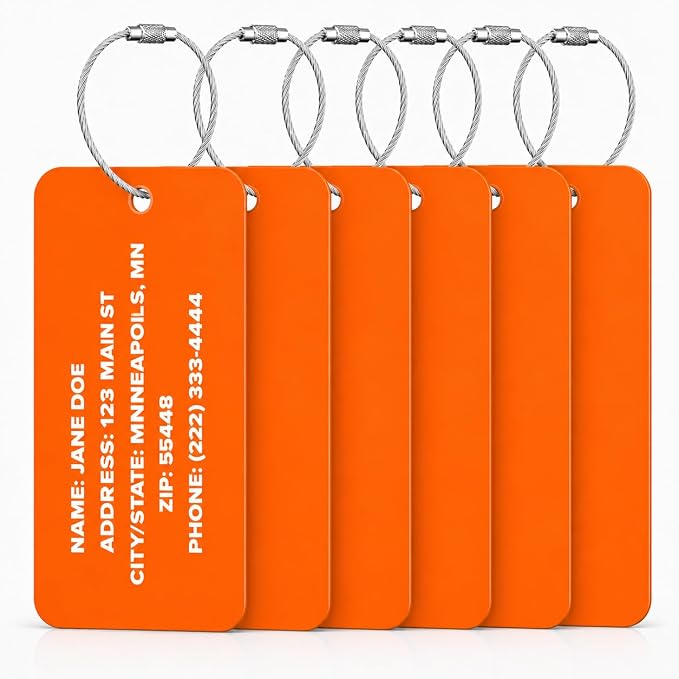 Personalized Acrylic Luggage Tags Set – Custom Engraved Name & Address ID Tags for Suitcases, Carry-On Bags & Backpacks – Bright High Visibility Heavy Duty Travel Bag Tags with Wire Ring Loops (6)