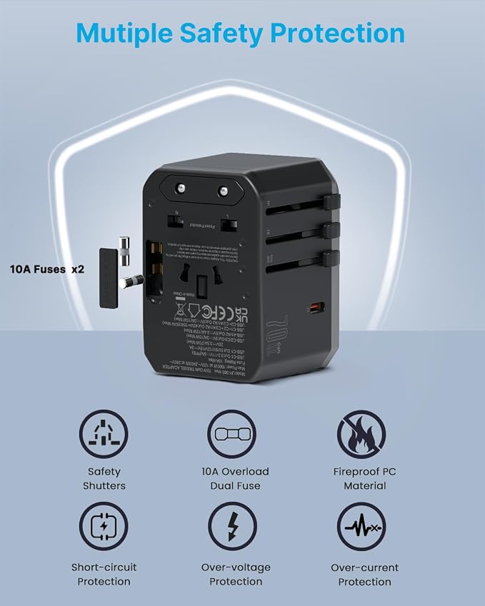 Universal Travel Adapter, VINTAR 70W GaN International Power Adapter with 5 USB Ports (3 USB-C), Worldwide Travel Plug Adaptor, All in One Travel Essentials Outlet Converter for UK/EU/USA/AUS, Black