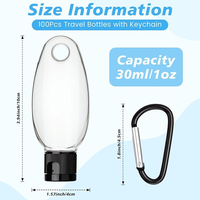 Yalikop 100 Pcs Traveling Bottles with Keychain 1oz Clear Plastic Keychain Bottle Leakproof Refillable Empty Keyring Container Liquid Packing Container Portable Bottle with Lid for Liquid Cream