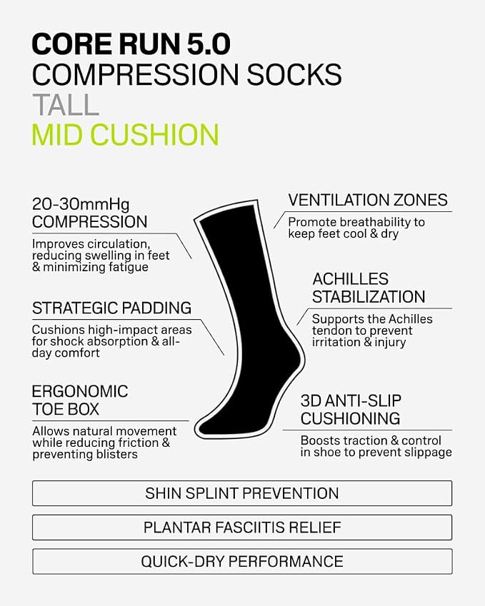 CEP Core Run 5.0 Tall Compression Socks for Men – 20-30mmHg Compression, Achilles & Shin Support, Breathable Quick-Dry Fabric for Improved Performance & Fast Recovery