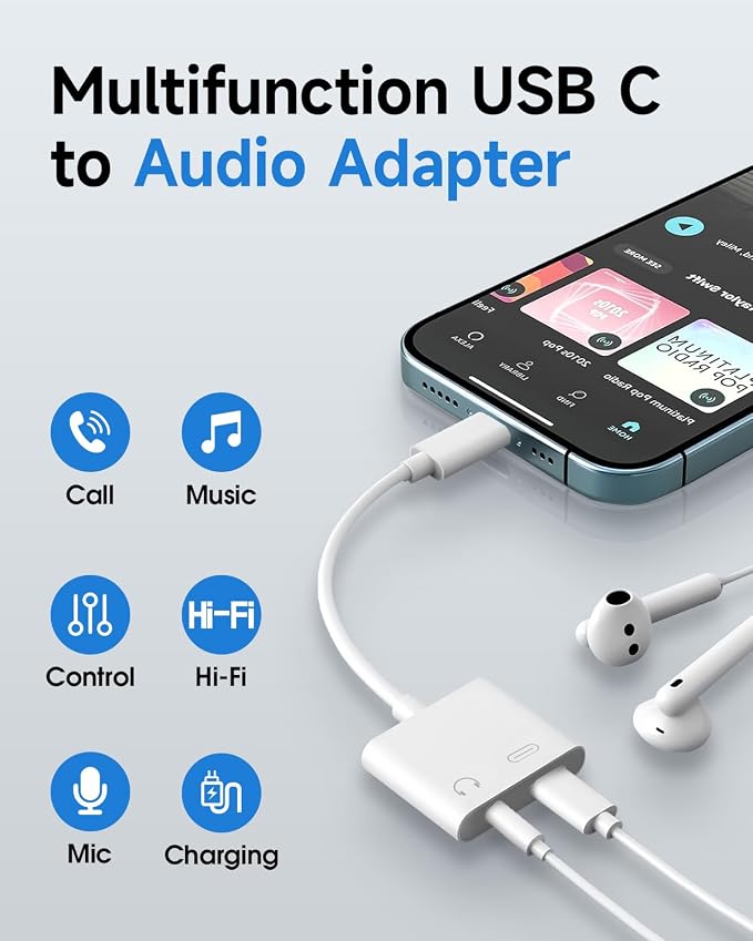 USB C to 3.5mm Headphone and Charger Adapter, Type C to Aux Jack Dongle Cable Cord with PD Fast Charging for iPhone 15/16 Pro/Max/Plus, iPad, Samsung Galaxy S22/S23/S24 Ultra, Note 20(50-Pack)