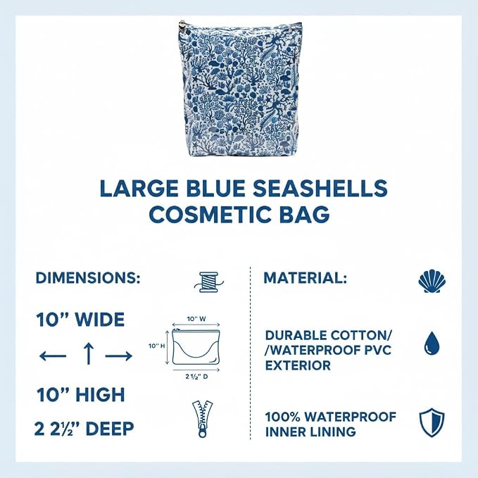Jacaranda Living Large Cosmetic Bag – Water-Resistant Makeup & Toiletry Bag with PVC-Lined Interior, Travel Beauty Organizer, Blue Seashells