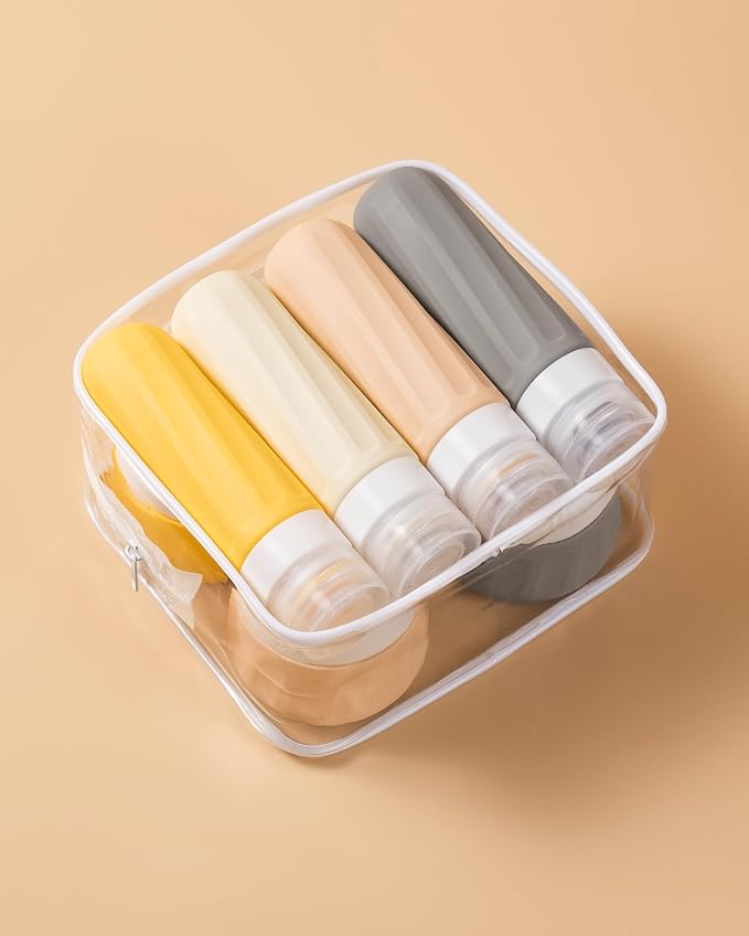 Mrsdry Travel Size Toiletries 8 Pack, TSA Approved 3oz Silicone Squeeze Bottles & Cream Jars with Clear Travel Bag