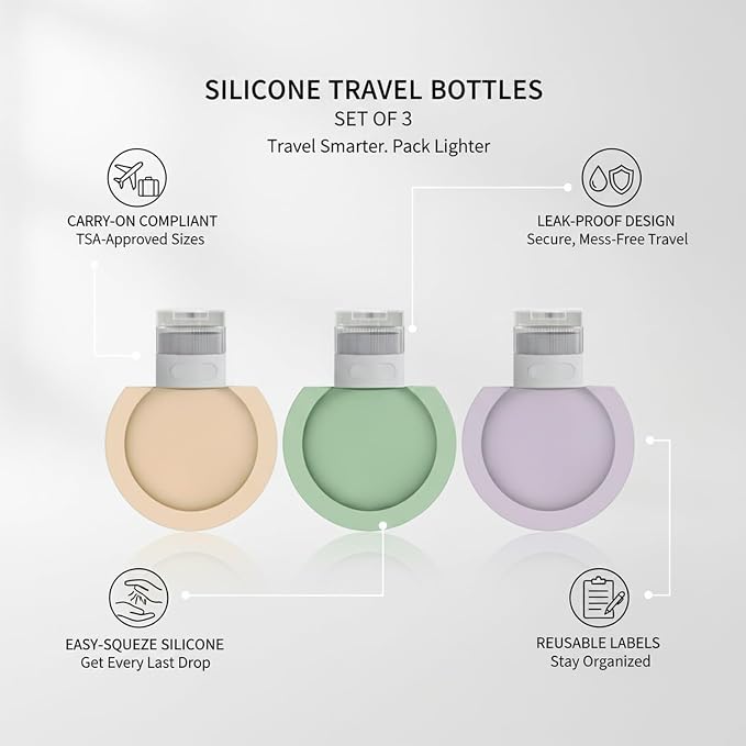 3-Pack Silicone Travel Bottles, Refillable Squeeze Containers for Toiletries, Carry-On Friendly Dispensers with Labels, Beige