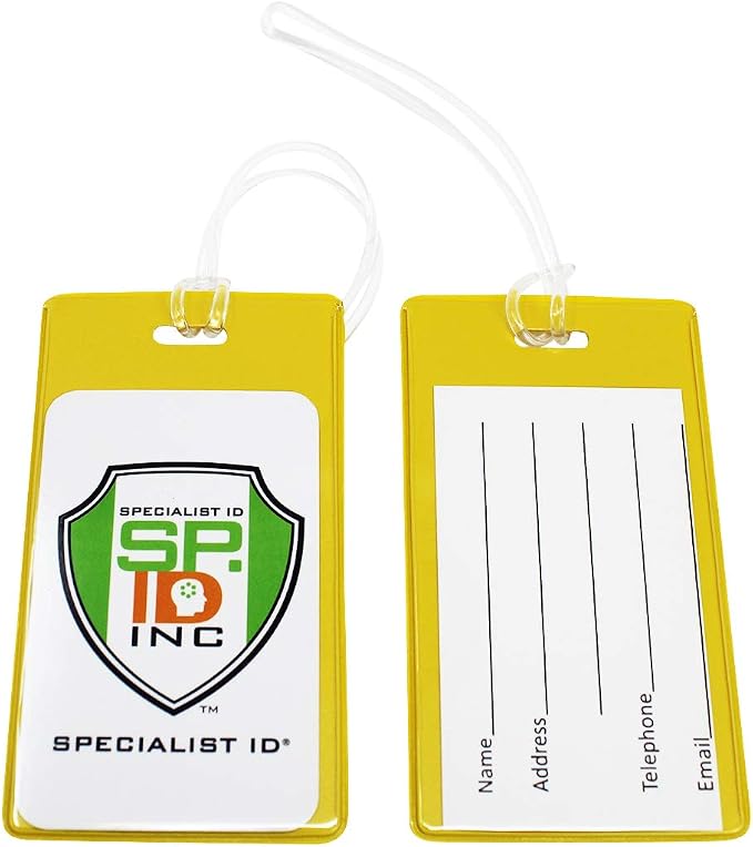 Bulk 100 Pack - Bright Backpack ID Luggage Tags for Student Identification Cards - School Name Badge Holder for Backpacks - Business Card Size with Clear Insert Window by Specialist ID (Yellow)