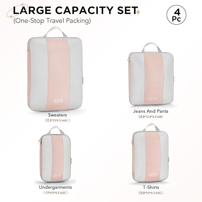 4 Set Compression Packing Cubes for Travel Essentials,Compressible Expandable Packing Cubes for Suitcase,OlarHike Luggage Garment Bags for Travel,Handy Helper for Organizing Clothes(Beige)