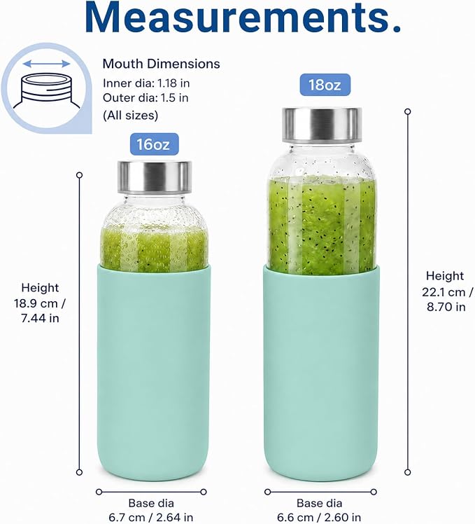 Luxfuel 16 oz Glass Juice Bottles with Lids & Silicone Sleeves, 4 Pack Reusable Glass Water Bottles with Stainless Steel Cap for Juicing, Smoothies & Refrigerator, Leak-Proof,BPA-Free Juice Containers