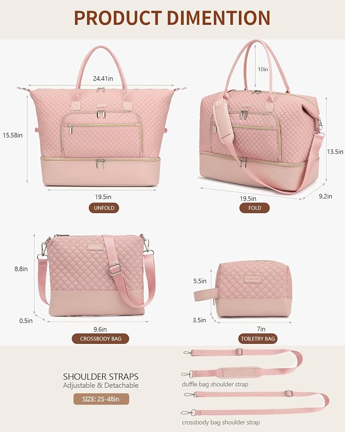 Weekender Bags for Women Travel, Under Seat Carry On Bags for Airplanes Overnight Bag with Shoe Compartment Luggage Sleeve, Foldie Travel Tote Bag Hospital Bag, Travel Gifts, Pink