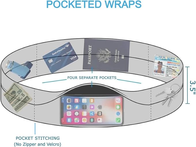 BANDI Pocketed Wraps – Running Waist Belt with Pockets for Phone, Money, Keys & Medical Devices | Secure, No-Bounce Travel & Fitness Belt, for Women and Men, USA Company