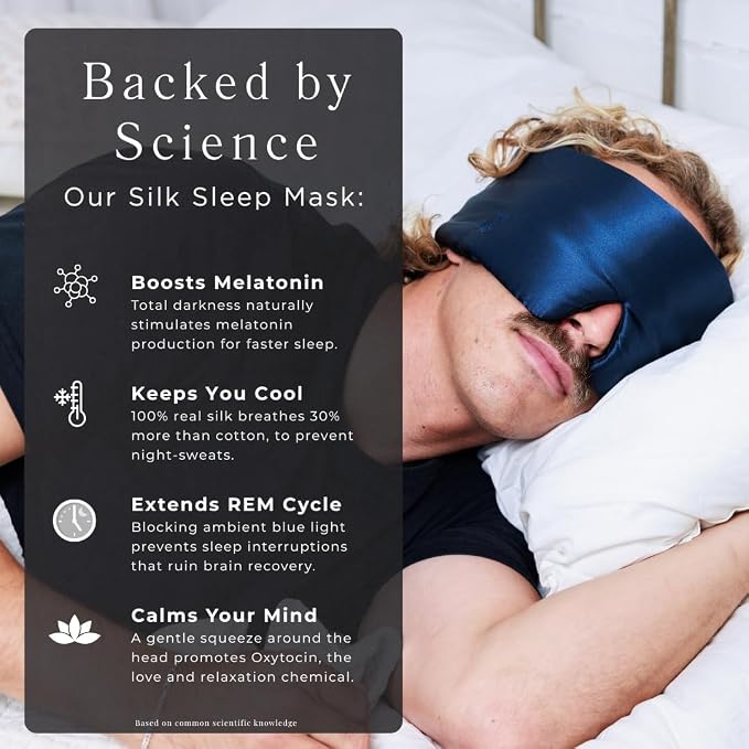 QUIET COVE Plush Luxury Silk Sleep Mask - Sleep Comfortably on Your Side - 22 Momme Mulberry Silk, Total Blackout, Luxe Cloud Filling Soothes Your Eyelids - Luxury Gift for Dad (Noble Blue)