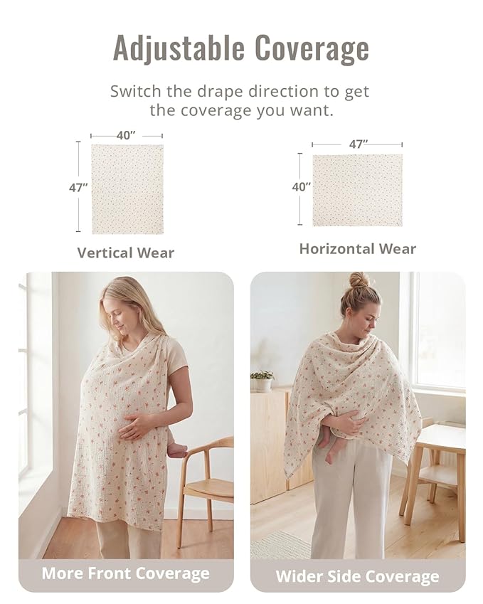 Blissful Diary Muslin Multi-Use Cloth - 4-in-1 Privacy Nursing Cover, Swaddle Blanket, Car Seat Cover, Burp Cloth, Portable Breastfeeding Essentials for Women, Baby Must Have (Pink Floral)