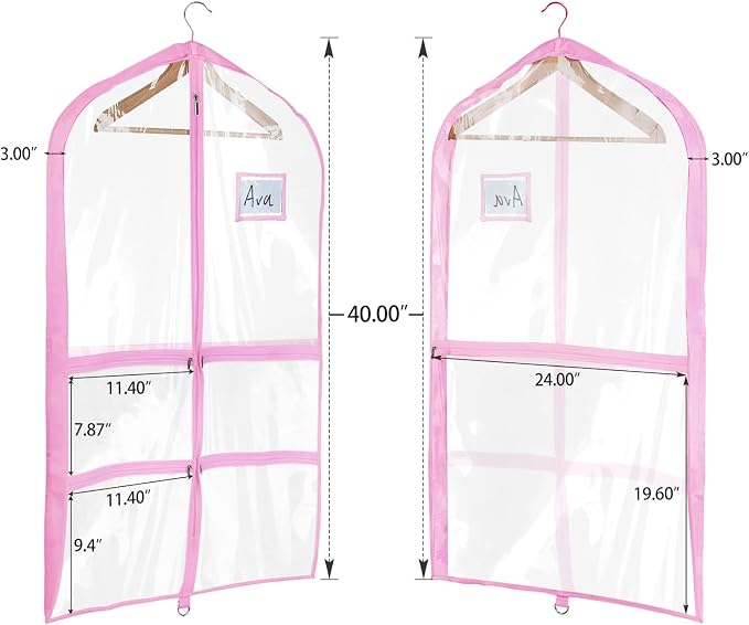 Univivi Clear Pink PVC Dance Costume Bags (3 Pack) Garment Bag 40 Inch for Dance Competitions, with 4 Medium Clear Zipper Pockets and 1 Large Back Zippered Pocket [Upgraded Version]