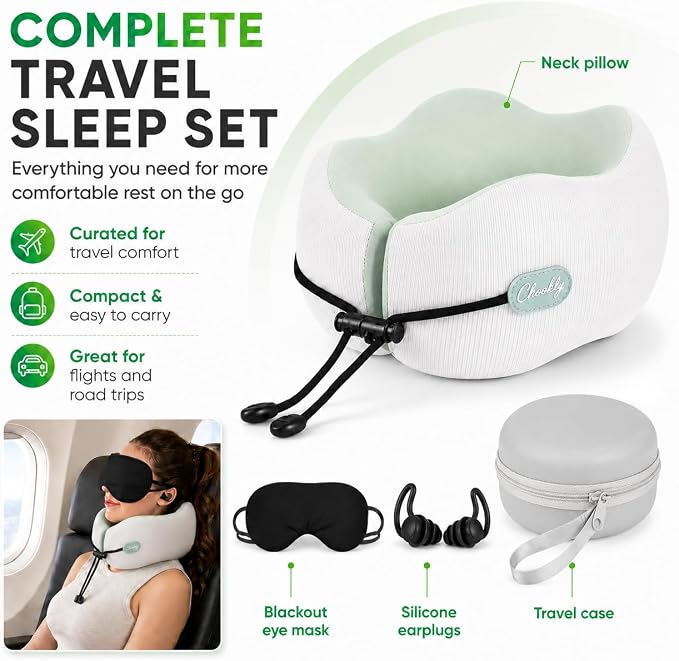 Memory Foam Travel Neck Pillow for Airplane Travel, Head and Chin Support, Adjustable Strap, Washable Cover, Carry Case