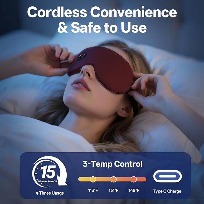 Cordless Heated Eye Mask for Dry Eyes,Electric Warm Compress for Fast Eye Relief Rechargeable USB Heat Relax Mask for Sleep Red