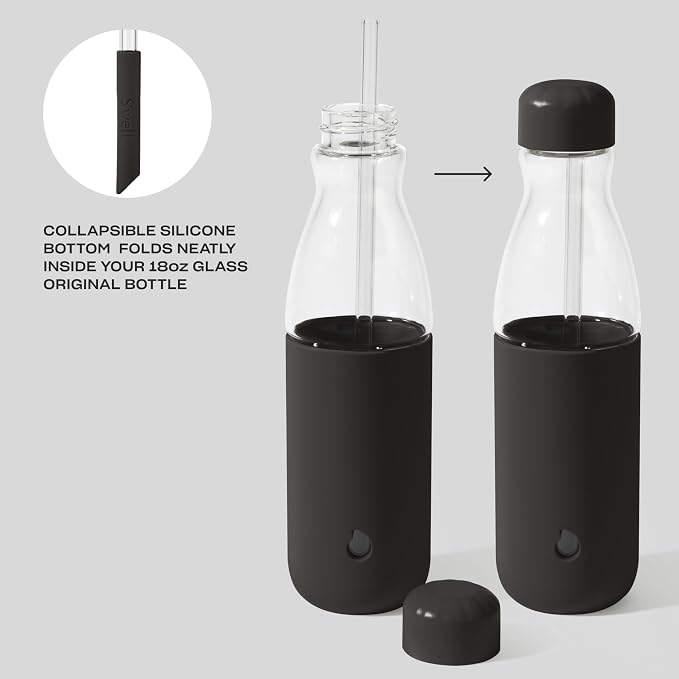S'well Glass Original Water Bottle With Straw, 18oz, Onyx, Borosilicate Glass Bottle With Collapsible Glass Straw And Silicone Sleeve, Zero Plastic, Leakproof, BPA Free