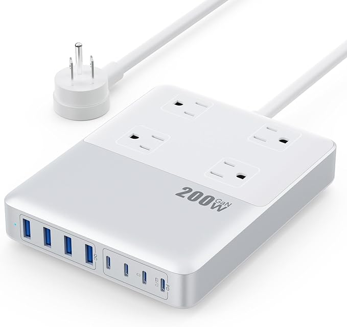 200W USB C Charging Station Power Strip with Cord and Plug,USB C Charger Block,4 AC Outlets,8 USB Ports for MacBook,iPhone 17/16/15,Fast Charging Desktop Charger for Office,Home (White)