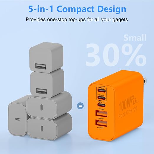 QZIIW USB C Wall Fast Charger Block, 100W 5-Port Type C Fast Charging Block 3 Pack-PD Power Charger Adapter QC 3.0 USB Multiport Charger Brick for iPhone 17 16, Samsung Series MacBook/Air, iPad, etc.