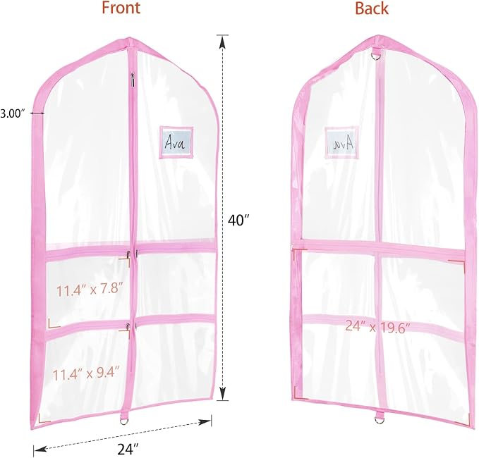 Univivi Clear Pink PVC Dance Costume Bags Garment Bag 40 Inch for Dance Competitions, with 4 Medium Clear Zipper Pockets and 1 Large Back Zippered Pocket [Upgraded Version] (40'' x 24'' 6 Pack)